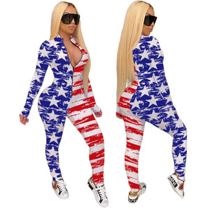 Mono de manga larga estampado para mujer, cintura alta, ajuste ceñido, cremallera frontal, elástico, transpirable, de poliéster y spandex - Product Image 5
