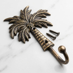 Patère murale en laiton antique motif palmier et feuille tropicale, porte-manteau vintage en métal pour décoration de maison de style côtier, salle de bain, chambre, cuisine - Product Image 1