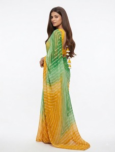 Sari de Georgette con Estampado Digital Verde y Amarillo, Traje Tradicional de Boda para Mujer, Largo hasta el Suelo, Sin Arrugas, Corte Regular, Estilo Bollywood - Product Image 2