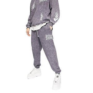 Survêtement gris en coton pour homme, style streetwear, avec pantalon de jogging imprimé flamme, cordon de serrage, coupe ample, longueur intégrale, pour l'automne - Product Image 1