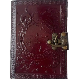 Dark Brown Genuine Leather Journal Notebook With Metal C-Lock Handmade Deckle Edge <b>Papers</b> Sun & Moon <b>Embossed</b> Note Book Or Diary - Product Image 1