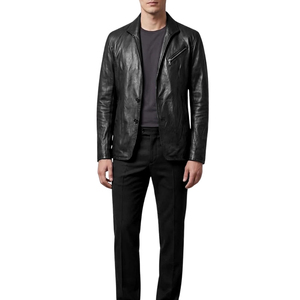 Chaqueta de Cuero Genuino Negra para Hombre, Estilo Slim Fit, Cierre de un Solo Botón, Estilo Motociclista - Product Image 3