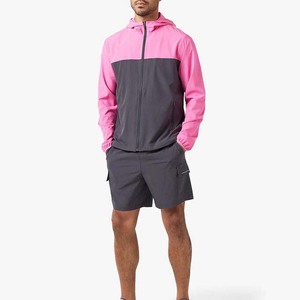 <b>Men's</b> Pink And Gray Color Blocking Hooded Windbreaker <b>Jacket</b> With Shorts Set Sporty Quick Dry <b>Summer</b> Outerwear - Product Image 6