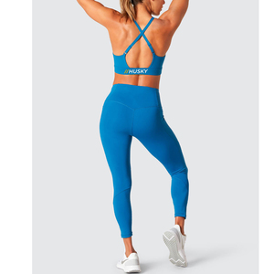 HUSKY Women's Ribbed Sports <b>Bra</b> & Leggings Set <b>Blue</b> Seamless Fitness Wear Breathable Racerback Scoop Neck Medium Support - Product Image 6