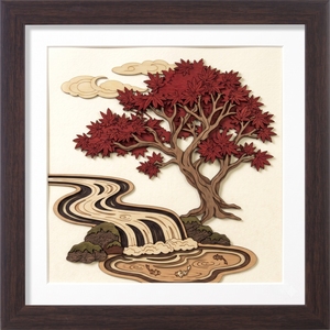 Premium 3D Wooden Veneer <b>Wall</b> Art | Crimson Maple Tree & Waterfall | Handcrafted Laser Cut Home Decor <b>Frame</b> - Product Image 1
