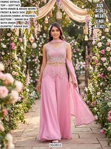 <b>Light</b> Blue Embroidered Sleeveless Crop Top With Palazzo Pants And Dupatta Women's Traditional Wedding Wear Set Loose Fit - Product Image 3