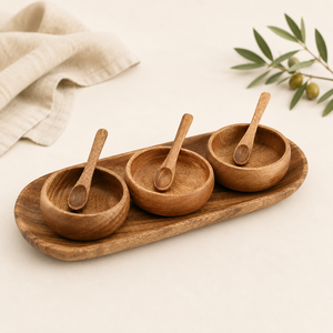 Premium Handcrafted Acacia Wood <b>Condiment</b> Serving Set Eco-Friendly 3-Bowl Wooden <b>Tray</b> with Matching Spoons for Snacks and Dips - Product Image 1