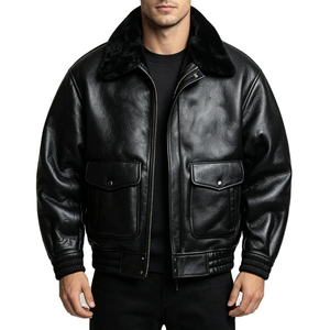 Abrigo de Piel de Oveja Genuina Negra para Hombre con Cuello de Piel y Cremallera, Abrigo de Invierno - Product Image 1
