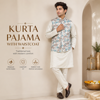 Conjunto 3 en 1 de Kurta Pajama de Satén Abstracto con Chaleco Estampado |   Traje Tradicional Étnico para Hombre, para Fiestas, Bodas, Diwali