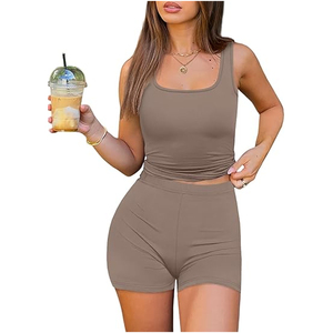 Women Brown 2 Piece Shorts <b>Set</b> Sleeveless <b>Square</b> Collar Sporty Fit Spring Summer Wear - Product Image 5