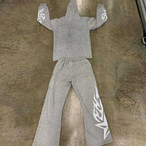 Conjuntos de sudadera y pantalón de chándal de algodón con efecto acid wash, con parches, estampado puff y corte acampanado, y sudaderas con capucha oversize vintage para hombre - Product Image 6