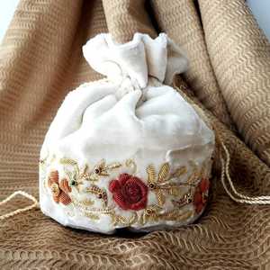 Best Supplier Peach Silk Potli Bag <b>Sequin</b> Floral Embroidery Luxury Women Wedding Bridal Drawstring Purse Ethnic Evening Handbag - Product Image 1