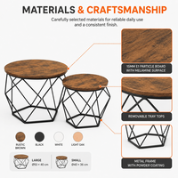 Ensemble de tables basses gigognes rondes pour salon, avec plateaux amovibles à deux niveaux et paniers de rangement en fil métallique géométrique, OEM ODM