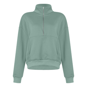 Sweat-shirt léger en coton à col roulé pour femme Green Dimple, coupe courte, épaules tombantes, fermeture éclair 1/4, style hiver - Product Image 5