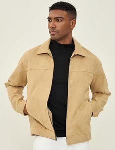 Men's Tan <b>Suede</b> <b>Jacket</b> Turn-down Collar Zipper Closure Casual Regular Length Autumn Wear - Product Image 5
