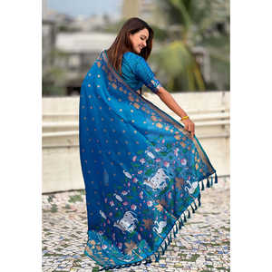 Sari en soie Pichwai tissé Zari bleu Elite Weaves, robe de soirée élégante 650g - Product Image 4