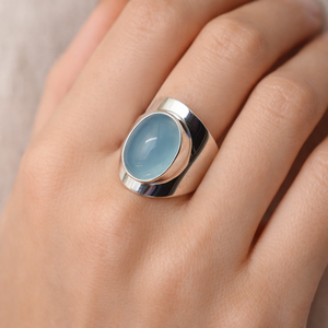 Blue Chalcedony Oval Cabochon <b>Ring</b> 925 Sterling <b>Silver</b> Wide Band Statement <b>Ring</b> Minimalist Handmade Jewelry Gift for Him <b>Men</b> Her - Product Image 3
