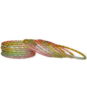 Festive Special Wedding Multi Shade Kashmiri Raindrop <b>Glass</b> <b>Bangles</b> Pearl Crystal Shine Gold Dot Detailing Lightweight Stylish - Product Image 3