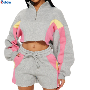 Conjunto Deportivo Casual de 2 Piezas con Contraste de Color Estilo Hip Hop, Sudadera de Manga Larga con Media Cremallera y Pantalones Cortos, Ropa Deportiva Urbana para Mujer - Product Image 6