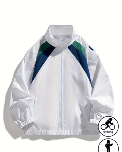 Men's <b>Square</b> Collar Color Blocking Zipper Jacket Casual Style <b>White</b> Green Navy - Product Image 1