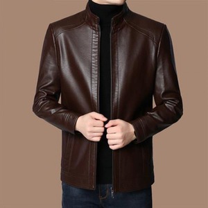 Veste en cuir marron pour homme, col montant, fermeture éclair, style motard, coupe ajustée, pour l'automne, couleur unie, manches classiques - Product Image 2