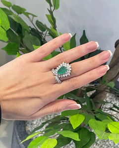 <b>Green</b> Moissanite Geometric Halo Luxury Wedding Statement <b>Ring</b> with Side Stones 10K 14K 18K Gold Rhodium Plated Custom Jewelry - Product Image 2