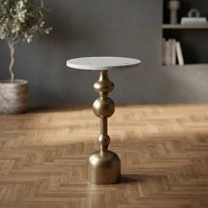 Modern <b>Round</b> White Marble Top <b>Side</b> <b>Table</b> with Sculptural <b>Gold</b> Metal Pedestal Base Luxury Accent Furniture for Contemporary - Product Image 1