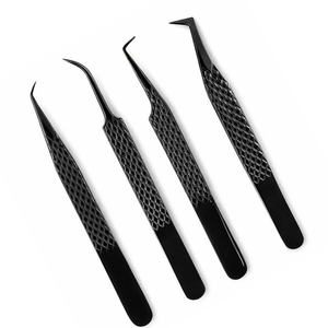 Ensemble de 4 pinces à cils professionnelles pour extensions de cils, courbées, angulaires, de précision, en acier inoxydable, antidérapantes - Product Image 1