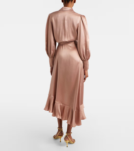 Robe longue décontractée pour femme en crêpe côtelé, style portefeuille, avec fente, motif uni, manches longues, personnalisable pour l'automne - Product Image 2