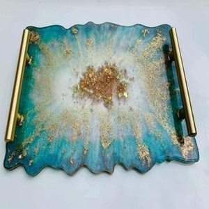 Handmade <b>Epoxy</b> Serving Tray with Golden Handles Decorative Resin Tray for Coffee <b>Table</b> Home Dcor Living Room Enhancement - Product Image 1