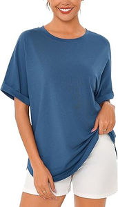 เสื้อยืดคอกลมแขนสั้นสีน้ำเงินสำหรับผู้หญิง พิมพ์ลายโลโก้ตามสั่ง ตกแต่งสวยงาม แฟชั่นฤดูร้อน สไตล์ลำลอง ผ้าแคนวาสสีพื้น - Product Image 5