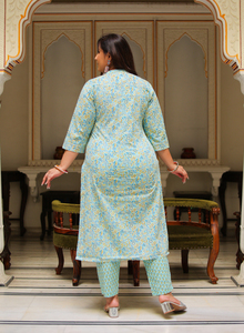 Embroidered Kurti <b>Pant</b> Dupatta Set Cotton Floral Green Mandarin Collar <b>Three</b> <b>Quarter</b> Sleeve Plus Size Women Ethnic Wholesale - Product Image 5