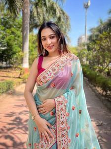 White Color Georgette <b>Silk</b> Saree with Sequence & <b>Threads</b> Embroidery Work, Cut Work Border, Wedding Wear Saree, Party Wear Saree. - Product Image 6