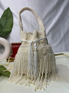 Sac seau perlé avec franges et cordon de serrage, élégant sac à main de soirée - Product Image 1