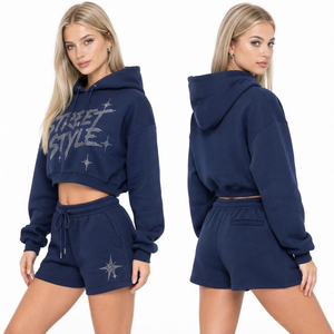 <b>Women</b> Streetwear Rhinestone Printed Crop Hoodie & Drawstring Waist <b>Sweat</b> <b>Shorts</b> Set <b>Women</b> Pullover Crop Hoodie <b>Shorts</b> Tracksuit - Product Image 4