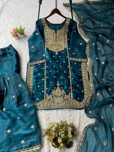 Ensemble de robe Sharara en soie brodée pour femmes avec dupatta, tenue traditionnelle indienne pakistanaise pour mariage, fête, Diwali - Product Image 6