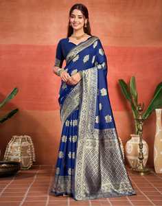 Sari en soie bleue avec broderie florale dorée, tenue traditionnelle indienne pour mariage et fête, longueur au sol, tenue ethnique pour femme - Product Image 1