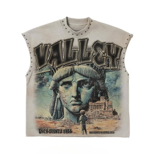 Camiseta sin mangas premium de algodón 180GSM para hombre, lavado vintage, estampado serigrafiado, logotipo personalizado, camiseta 100% algodón para hombre, corte holgado, estampada. - Product Image 3