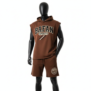 Ensemble short et sweat à capuche sans manches 100 % coton pour homme, en molleton de coton épais, marron, avec bords bruts et logo brodé - Product Image 6