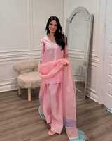 Ensemble shalwar kameez en mousseline rose, col en V, manches trois quarts, coupe ample, tenue décontractée quotidienne, toutes saisons, couleur unie, robe en soie
