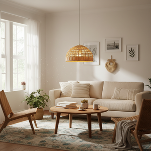 Pantalla de Lámpara de Mimbre y Ratán Estilo Bohemio Vintage, Artesanal, Económica, Venta al Por Mayor para Sala de Estar y Dormitorio - Product Image 1