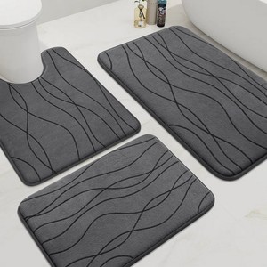 Modern Gray Abstract Wave Bath <b>Mat</b> <b>Set</b> 3Pcs Non-Slip Rubber Backing Microfiber Rectangle Home <b>Bathroom</b> Rug - Product Image 4