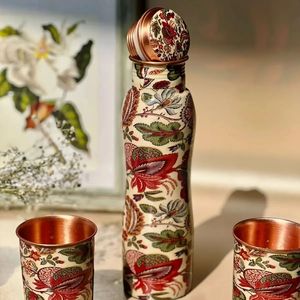 Copper <b>Water</b> Bottle 1 Liter Leakproof Lid Ayurvedic Health Benefits Eco Friendly Reusable OEM <b>Bulk</b> Supplier India With Glasses - Product Image 2