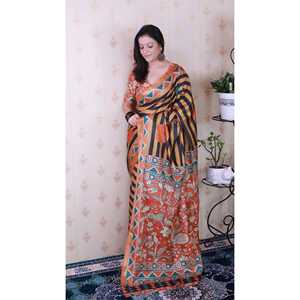 Sari de Seda Tussar Naranja Suave con Estampado de Rayas y Zari Tejido, Elegante Bufanda y Chal Tradicional Indio de Elite Weaves - Product Image 3