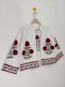 Blouson Bomber Floral Imprimé à la Main, Motif Fleur Rouge, Coton Bohème, Hiver, Réversible, Écologique, Unisexe, Femme, Manches Courtes, Col Étendu - Product Image 4