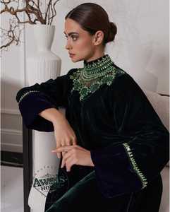 Green Velvet Plus Size Lightweight Abaya High Neck Long Sleeve Floor Length Embroidered Modest Dress Women Middle East Wedding - Product Image 5