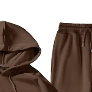 Ensemble de survêtement unisexe marron à capuche, couleur unie, manches longues, pantalon à cordon, 100 % coton, poids moyen, pour l'automne - Product Image 3