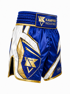 กางเกงมวยไทย MMA สีน้ำเงิน ขาว ทอง พิมพ์ลายแบบ Sublimation สำหรับผู้ใหญ่ 男女 แห้งเร็ว ระบายอากาศได้ดี ผลิตจากโพลีเอสเตอร์ 100% เหมาะสำหรับใส่ในยิม - Product Image 3