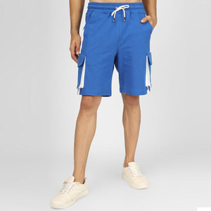 Shorts cargo bleus pour hommes, taille mi-haute, cordon de serrage, style décontracté avec poches, tissu en coton respirant - Product Image 1