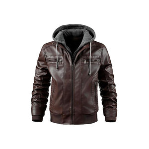 Veste d'hiver pour homme en cuir PU marron style moto avec fermeture éclair, poches, logo sur le devant, doublure en fausse fourrure, coupe classique - Product Image 1